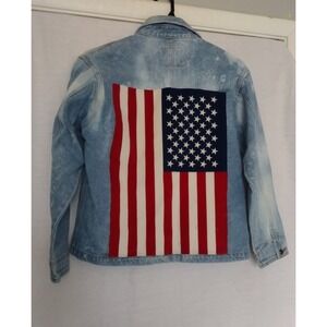 Stylish Ellemenno Women's Medium Denim Jacket – Large American Flag on Back